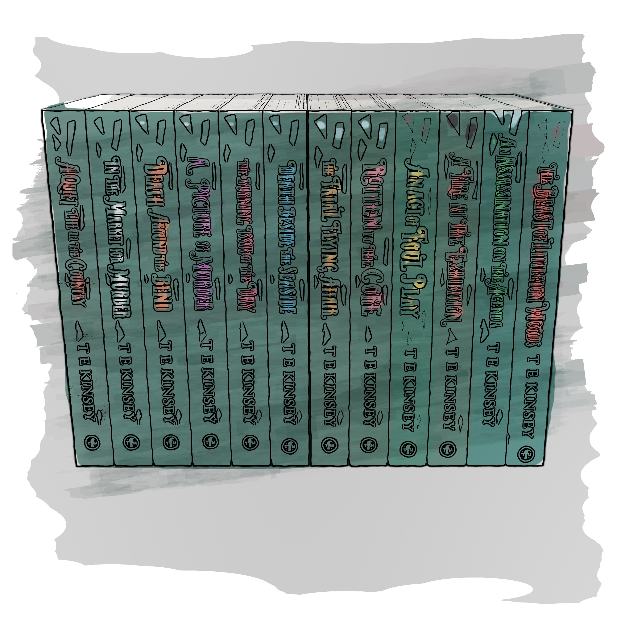 a sketch of a row of papaerback books
